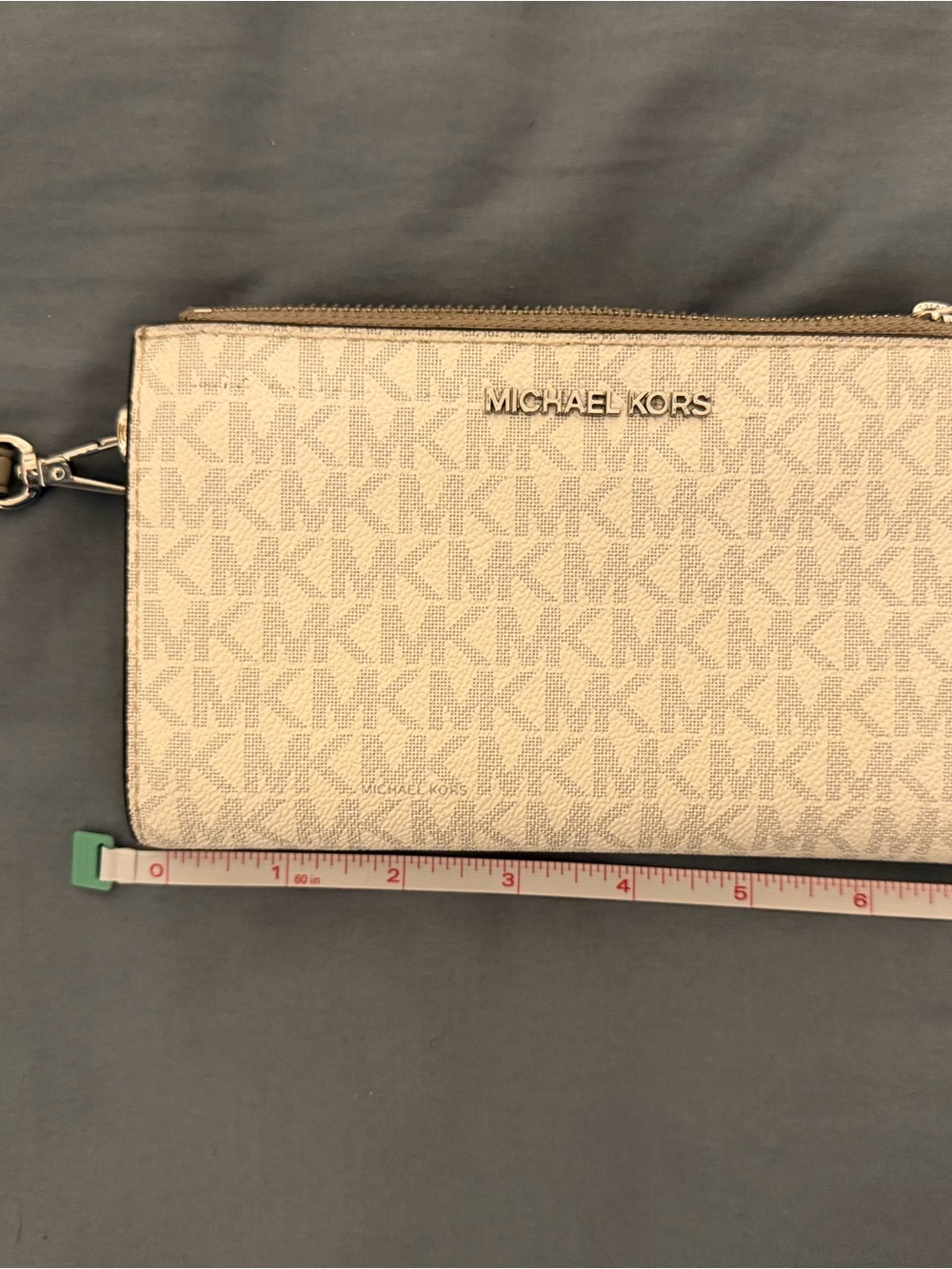 White Michael Kors Logo Zip Wristlet with Silver Hardware
